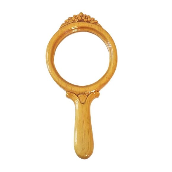Vintage Handheld Mirror Vanity Balsa Wood Carved Floral Lacquered - Picture 2 of 4